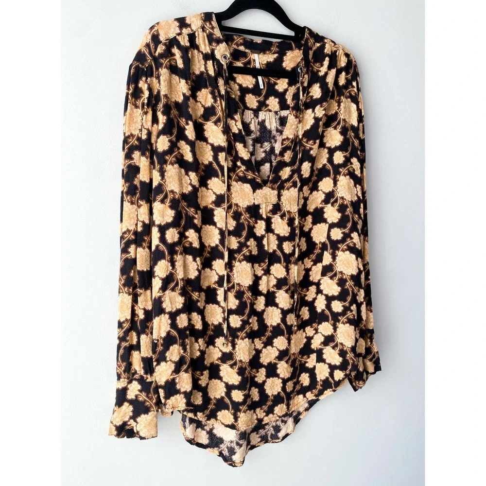 Free People Mia‎ Floral Tunic Top S Peasant Black Brown Boho Festival Oversized
